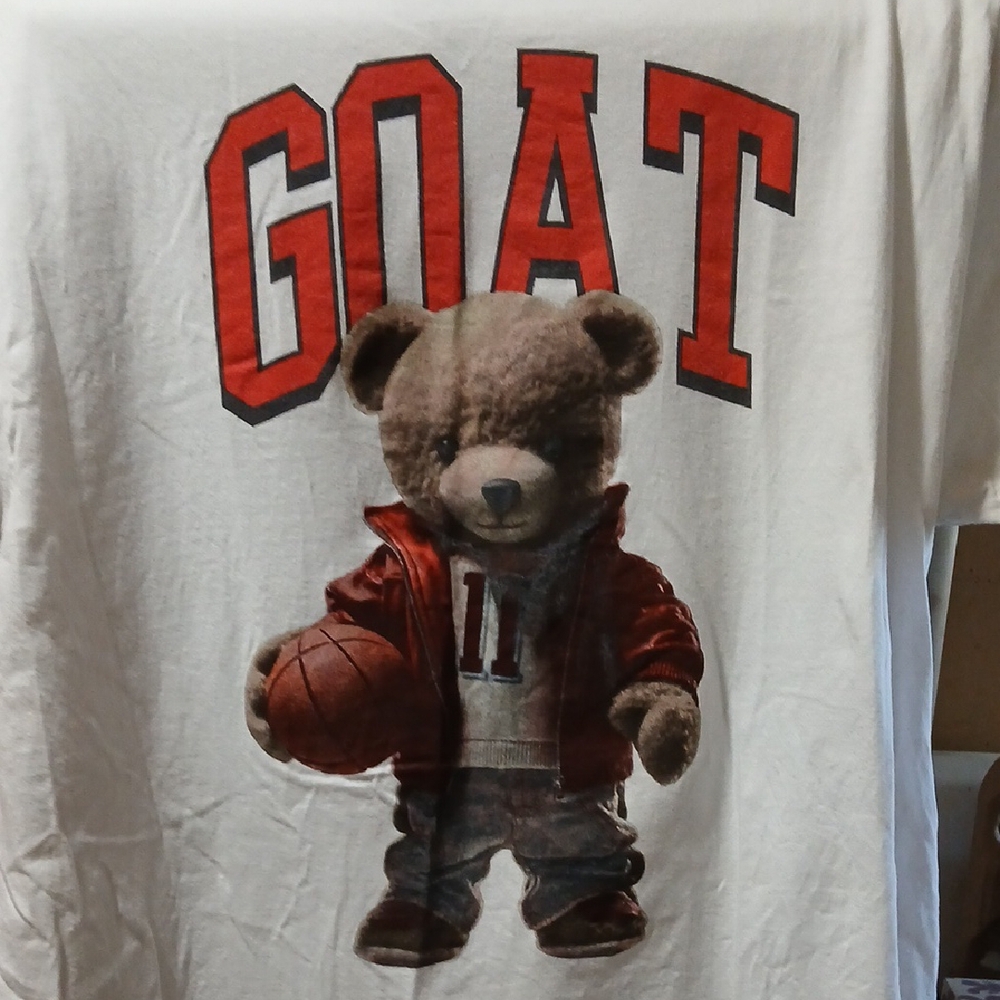 White T-Shirt with Bear and GOAT Graphic Size Large, Unisex.